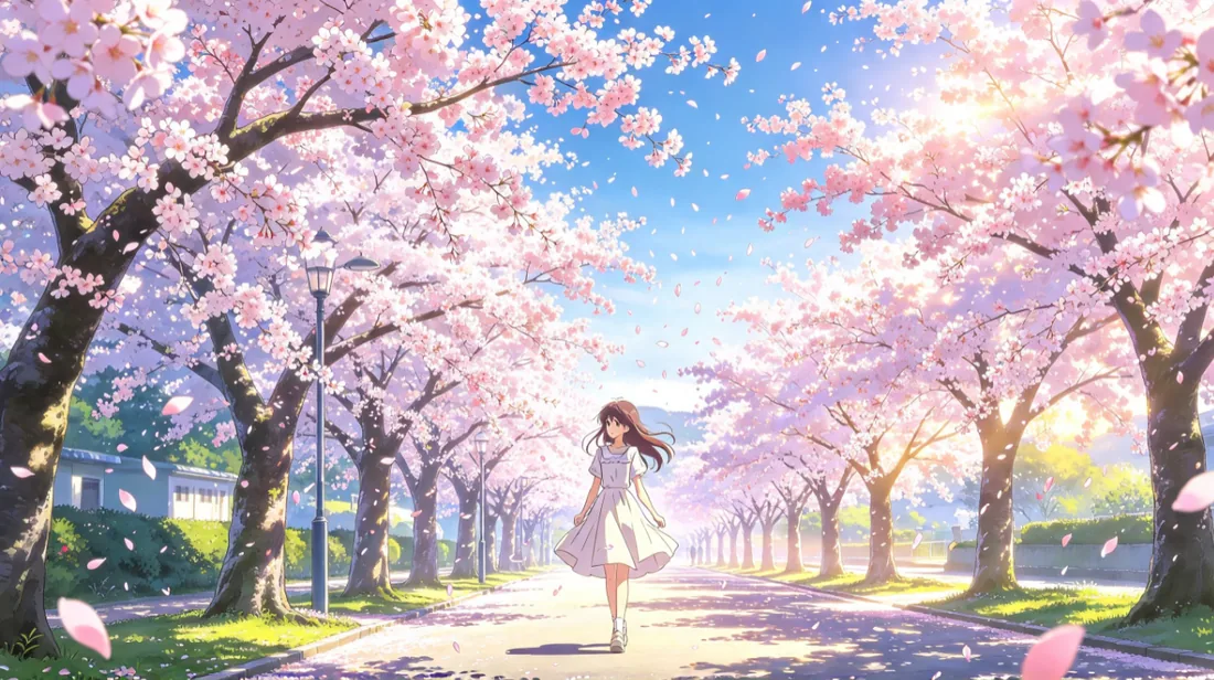 樱花大道上走着的少女插画